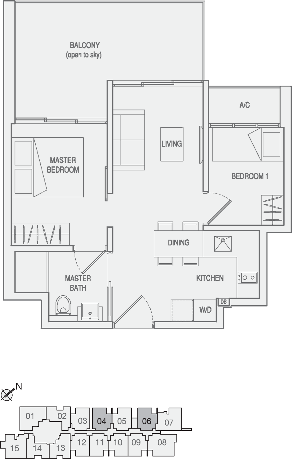 Type Type-C1(m) 2 Bedroom with Balcony Floor Plan