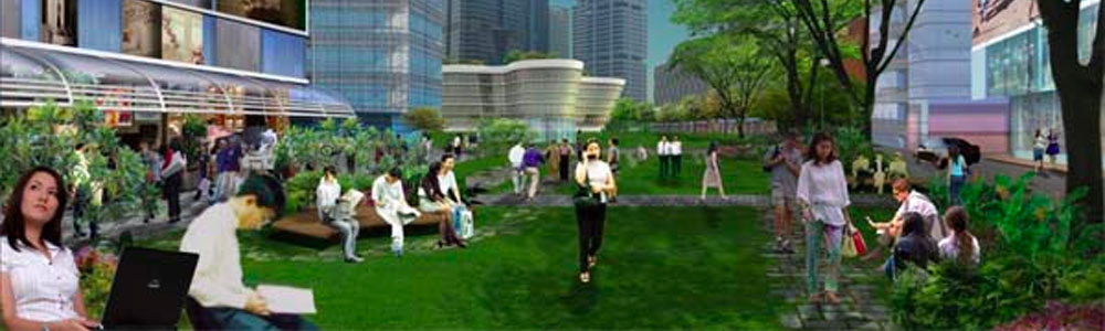 Artist's impression of the landscaped park above Tanjong Pagar MRT Station looking towards Robinson Road